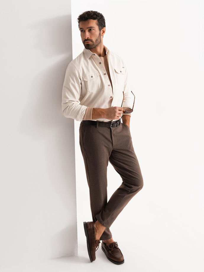 Men's REGULAR FIT cotton shirt with buttoned pockets - cream V1 OM-SHCS-0146