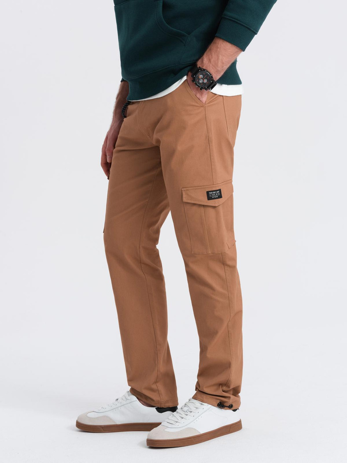 Men's pants with cargo pockets and leg hem - light brown V3 OM-PACG-0189
