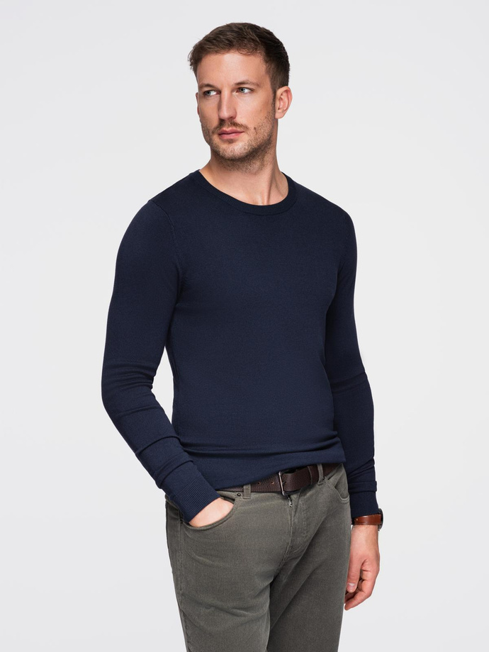 Classic men's sweater with round neckline - navy blue V9 OM-SWBS-0106
