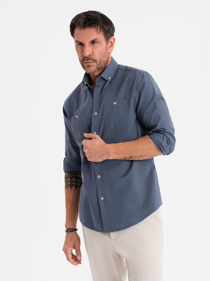 Men's linen shirt with classic collar and pockets REGULAR FIT - blue V4 OM-SHCS-0134