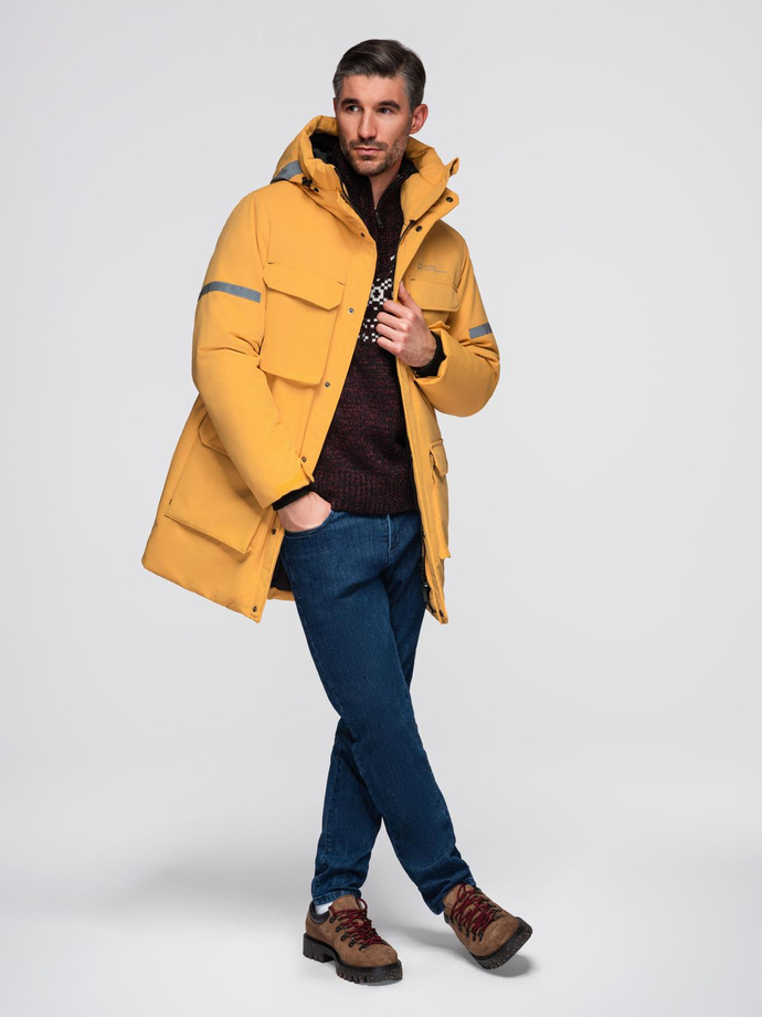 Men's long insulated jacket with reflective elements - yellow V2 OM-JALJ-0169