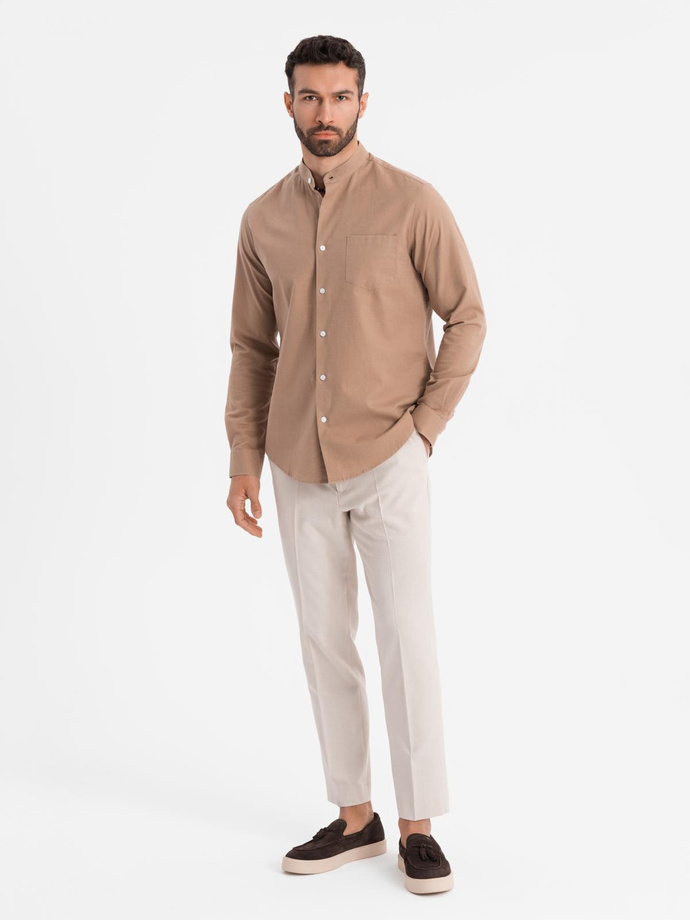 Men's linen shirt with stand-up collar and pocket REGULAR FIT - light brown V7 OM-SHCS-0161