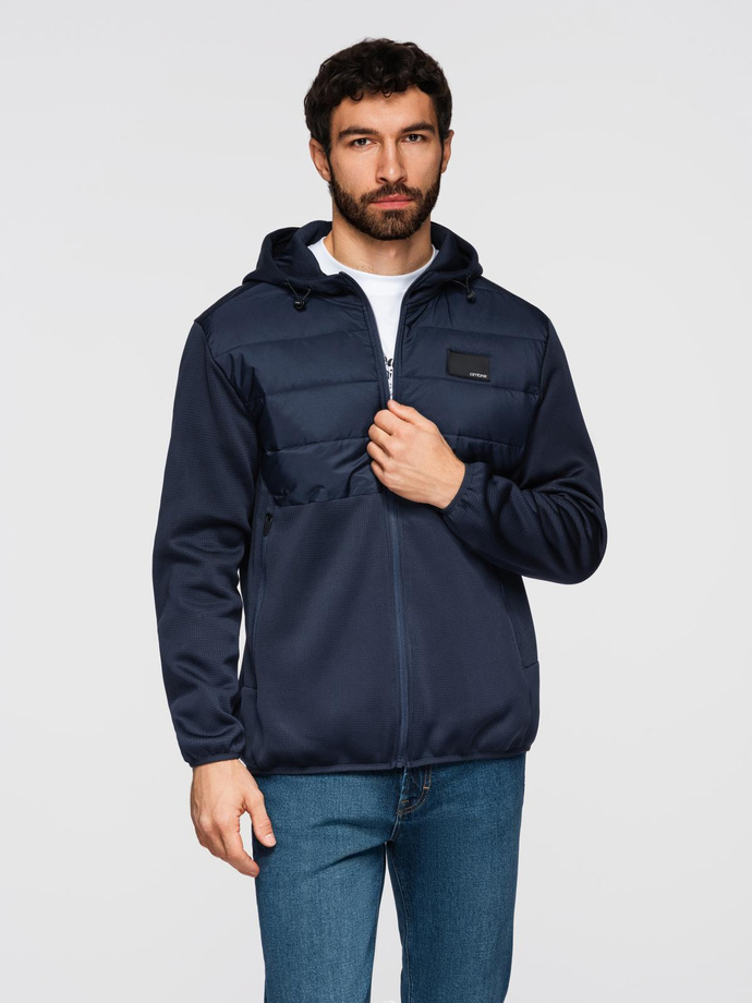 Men's lightweight jacket of combined materials with hood and decorative quilting - navy blue V4 OM-JANP-0160