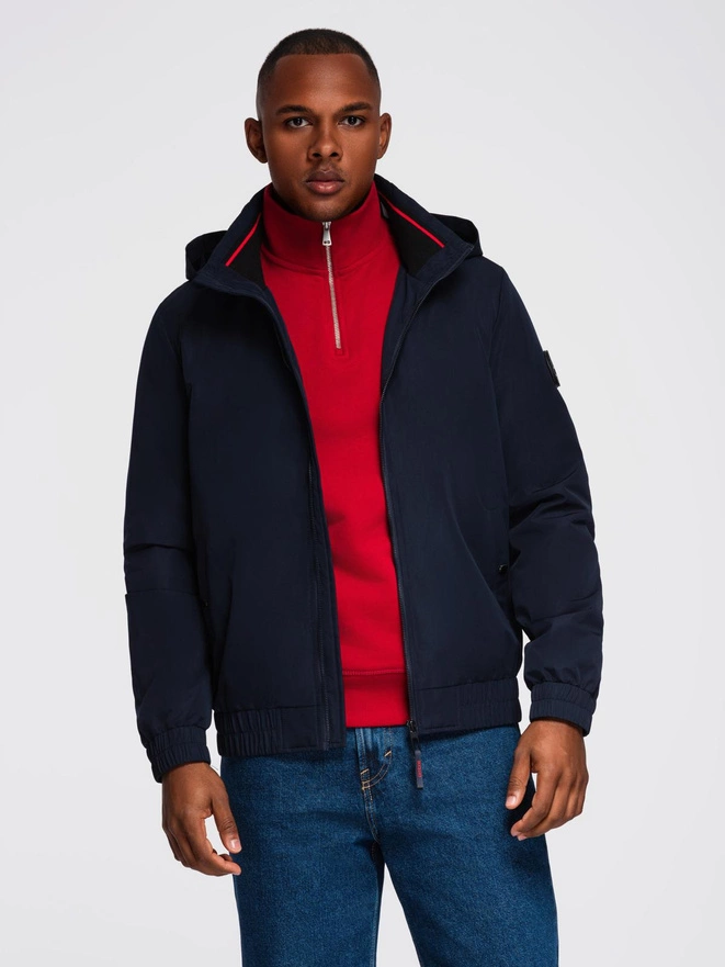 Men's jacket with hood and high collar - navy blue V2 OM-JANP-0222