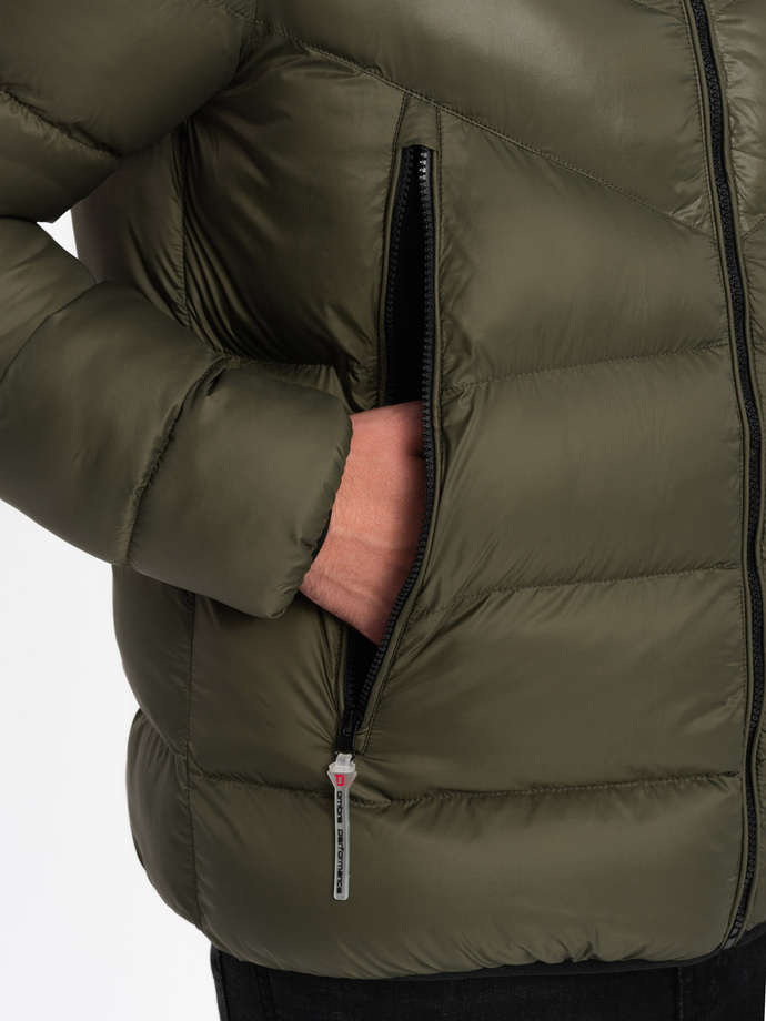 Men's quilted winter jacket with combined materials - dark olive green V3 OM-JAHP-0145