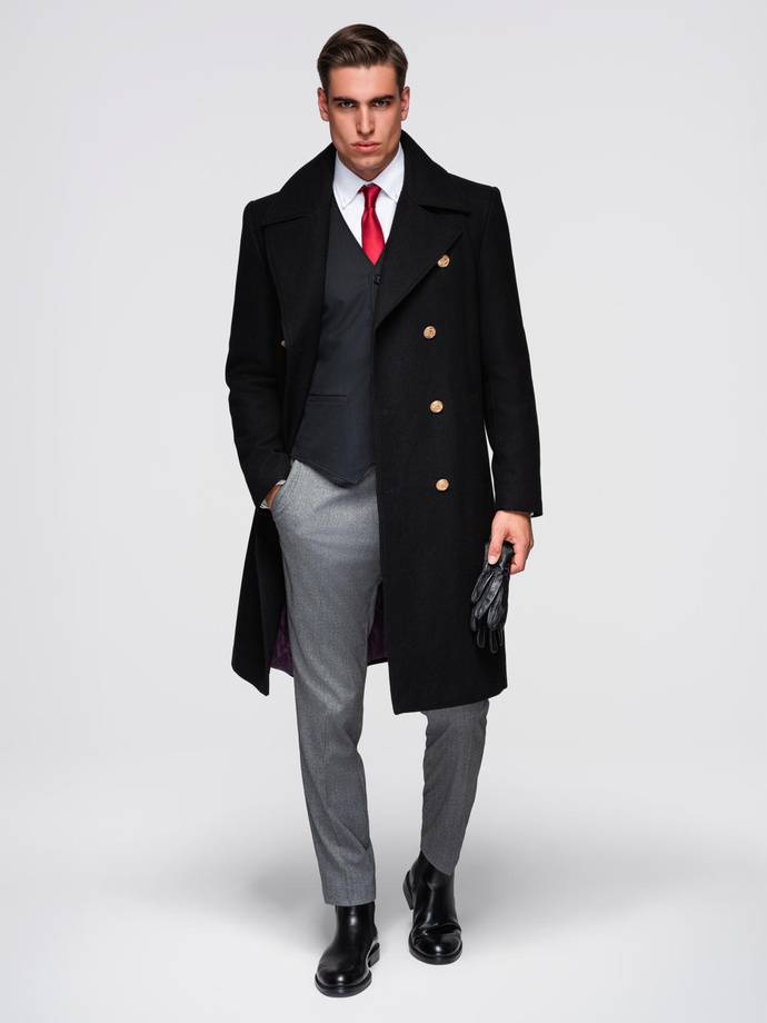 Men's insulated coat with hood and concealed zipper - black V1 OM-COWC-0110