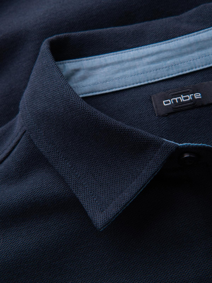 Men's knitted SLIM FIT long sleeve shirt - navy blue V2 OM-SHCS-0177