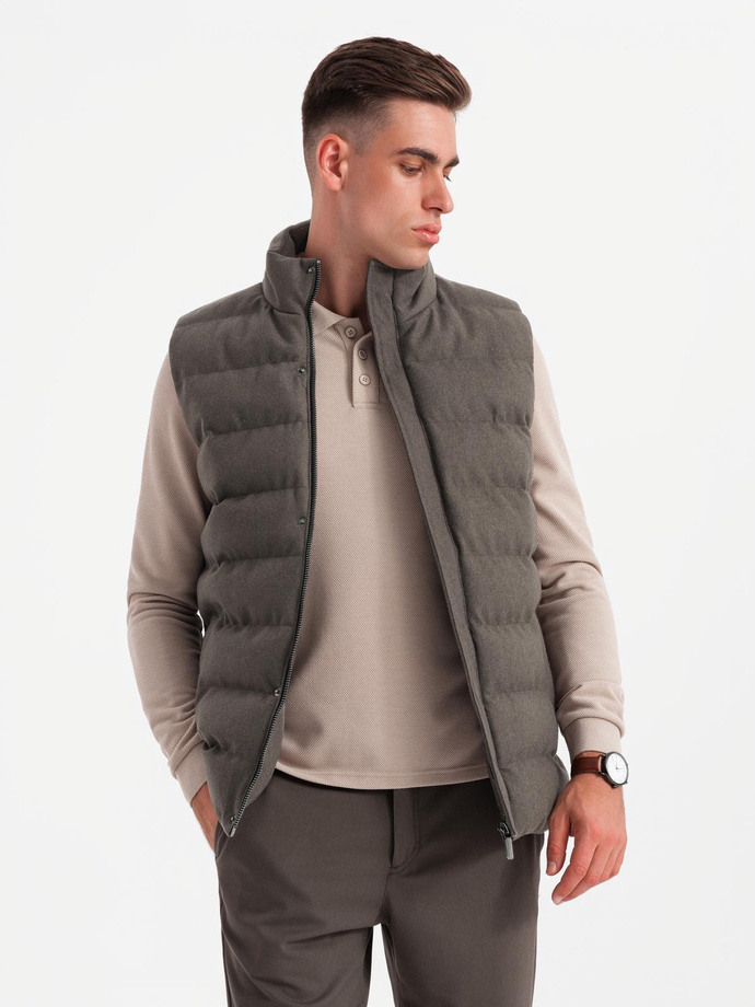 Men's quilted wool sleeveless jacket - olive melange V4 OM-JAVJ-0200