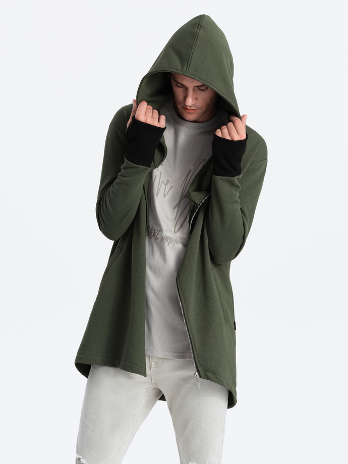 Asymmetrical men's sweatshirt with a spacious hood NANTES - dark olive green B1368