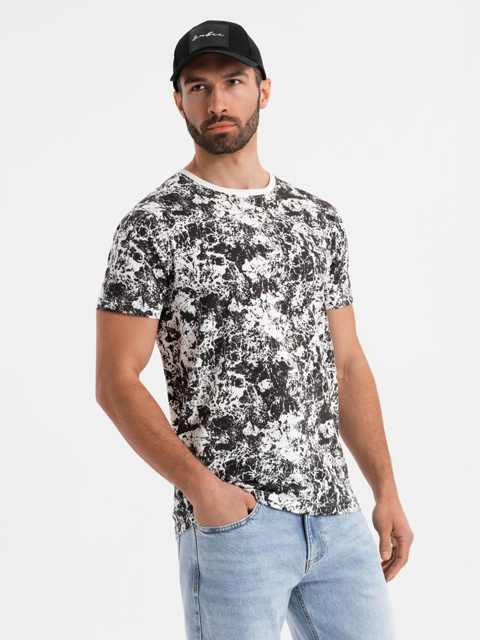 Men's patterned cotton short sleeve T-shirt - white and black V2 OM-TSFP-0223