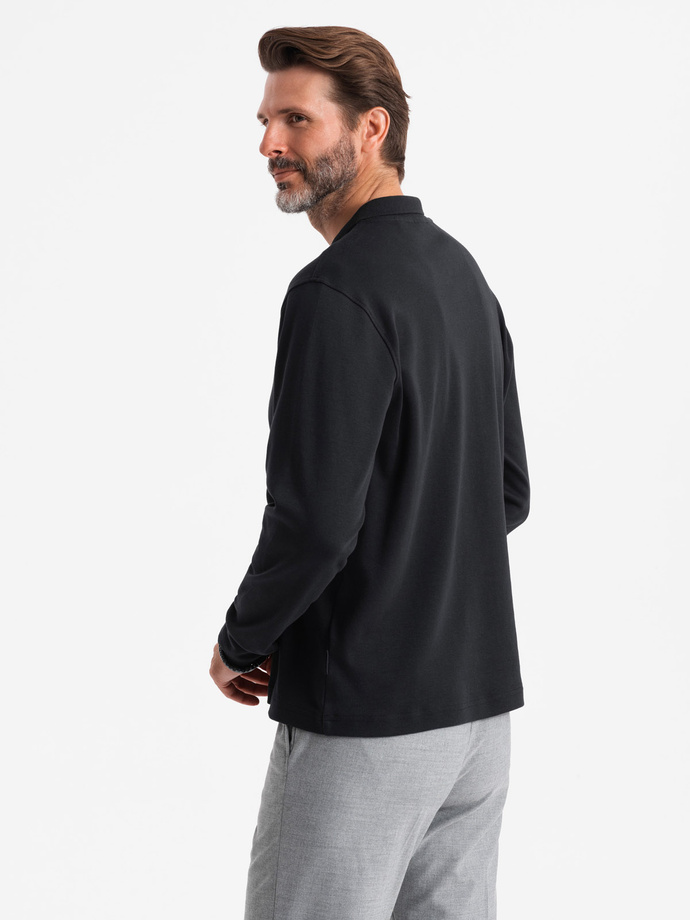 Męski longsleeve z zapinanym na zamek kołnierzykiem polo – czarny V8 OM-POLS-0130