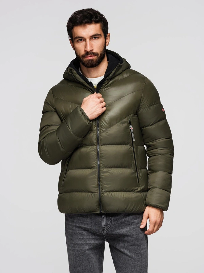 Men's quilted winter jacket with combined materials - dark olive green V3 OM-JAHP-0145