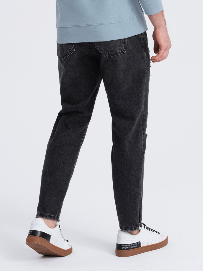 Męskie spodnie jeansowe taper fit z dziurami - czarne V2 P1028