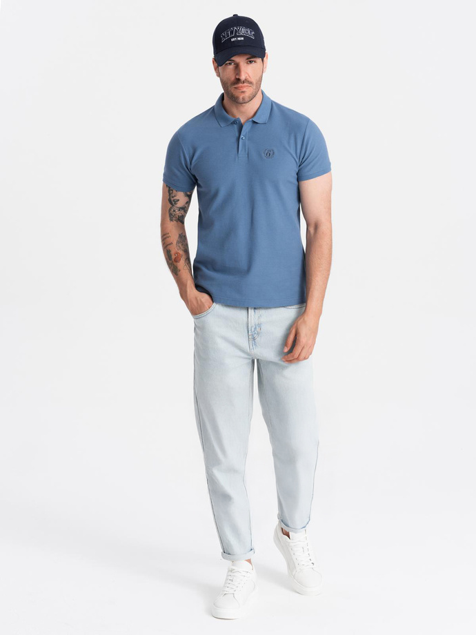 BASIC men's single color pique knit polo shirt - blue V16 OM-POBS-0100