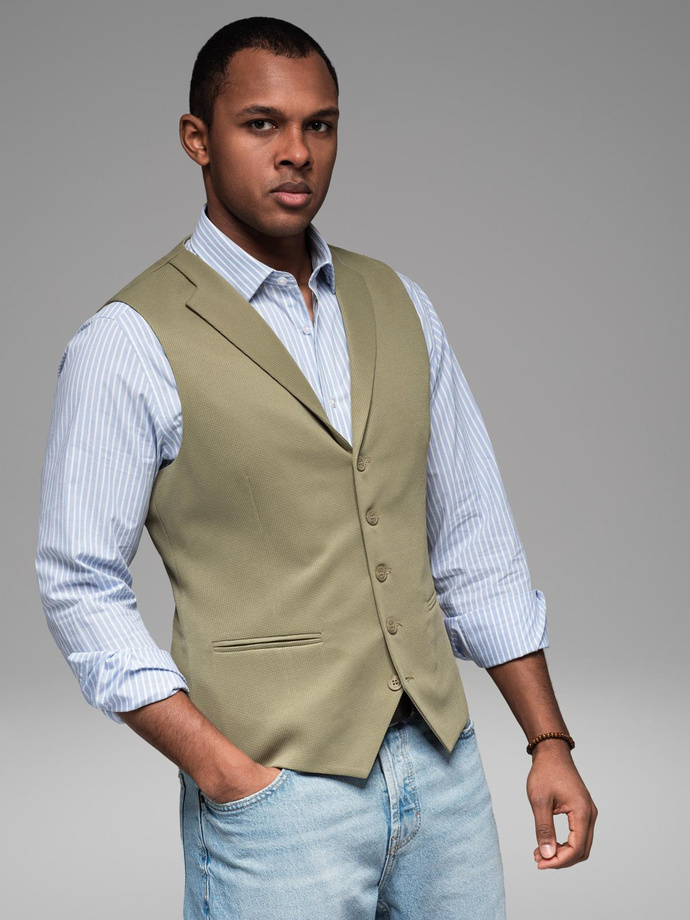 Fitted men's structured knit vest with lapels - olive V1 OM-BLZV-0144