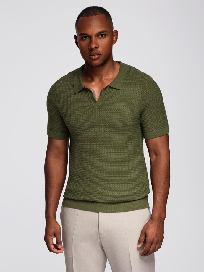Men's knitted unbuttoned polo shirt - olive V1 OM-POSS-0157