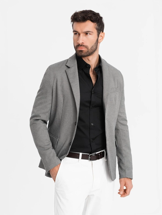 Marynarka męska casual w delikatną kratkę - szara V2 OM-BLZB-0116