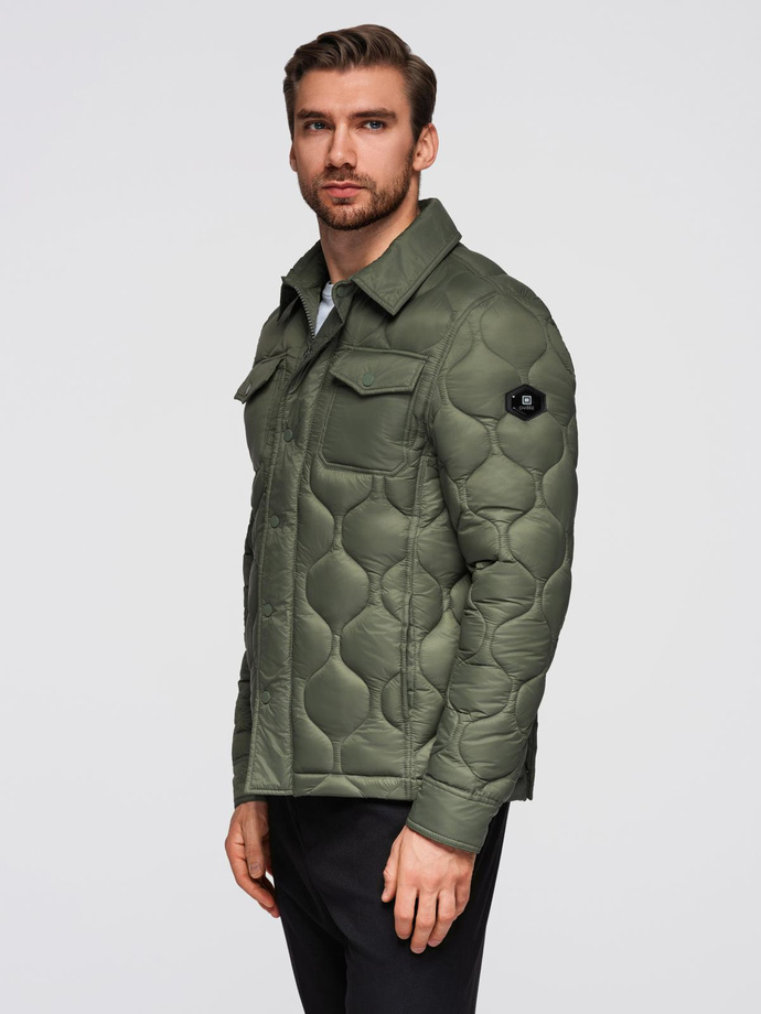 Men's quilted jacket in shirt cut - olive V2 OM-JALP-0215