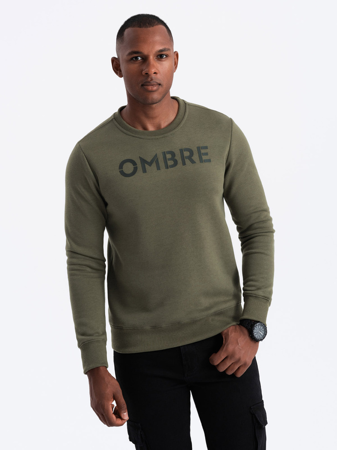 Classic men's sweatshirt with inscription - dark olive V2 OM-SSPS-0181