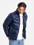 Heavily insulated quilted men's jacket with detachable hood - navy blue V2 OM-JAHP-22FW-010