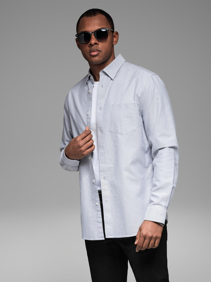 Elegant men's oxford shirt with embroidery and pocket - blue V1 OM-SHOS-0173