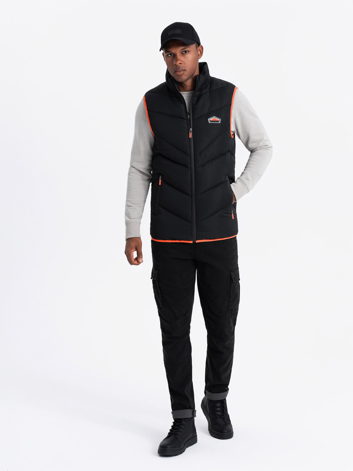 Men's quilted sleeveless jacket with neon accents - black V4 OM-JAVJ-0210
