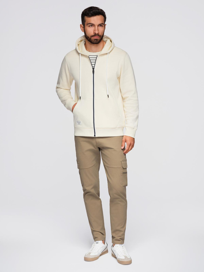 Men's BASIC unbuttoned hooded sweatshirt - cream V11 OM-SSBZ-0178