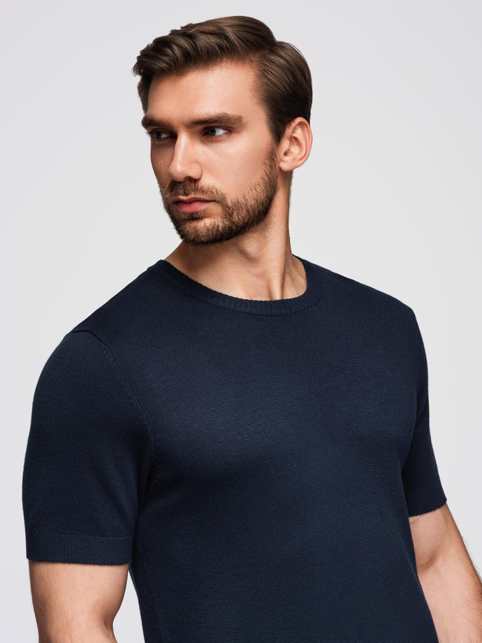 Men's classic knitted shirt with ribbed cuffs - navy blue V1 OM-TSCT-0252