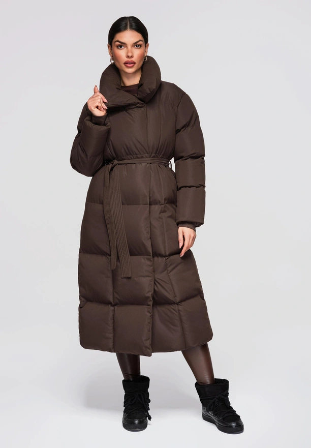 Women's quilted long jacket with belt OW-JALJ-0104 v3 - brown