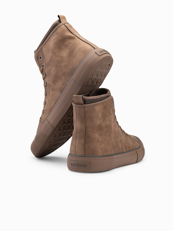 Męskie wysokie buty trampki z dekoracyjną lamówką – brązowe V2 OM-FOTH-0158