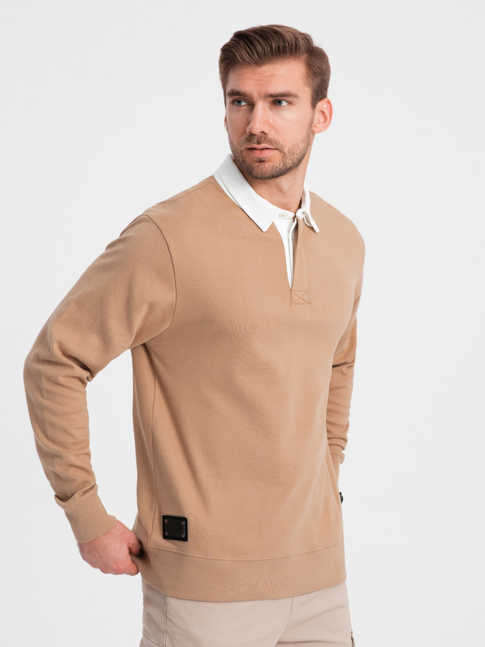 Men's sweatshirt with white polo collar - light brown V8 OM-SSNZ-0132