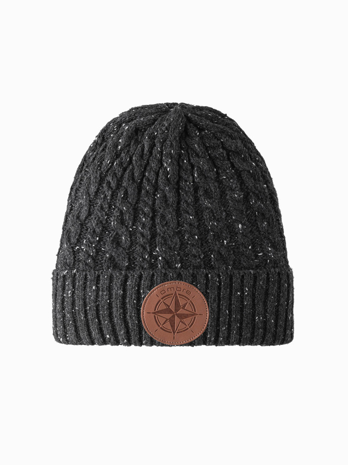 Męska czapka beanie z okrągłą tłoczoną naszywką – grafitowa V1 OM-ACWH-0121