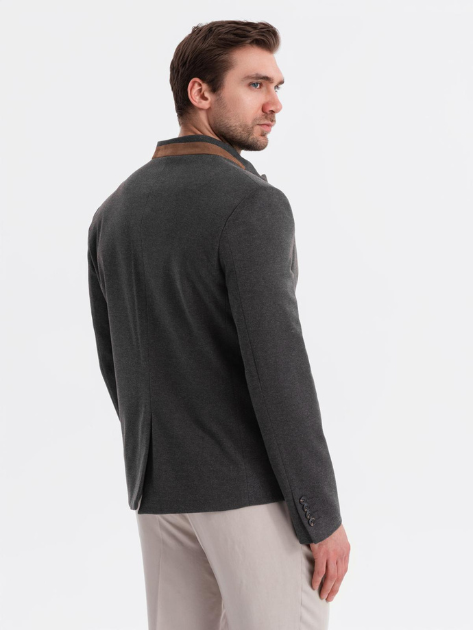 Melanżowa marynarka męska z dodatkiem rayonu ze stójką – czarny melanż V5 OM-BLZB-0131