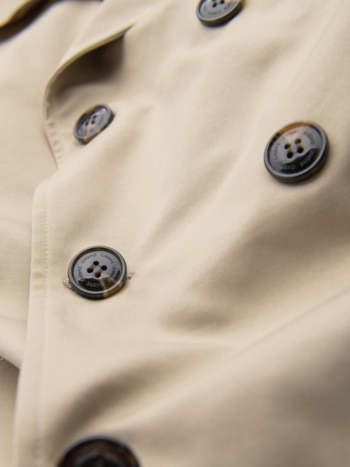 Elegant men's SLIM FIT trench coat with belt - beige V1 OM-COSC-0126