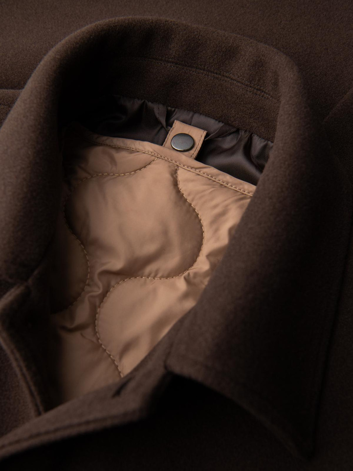 Single-breasted men's long coat with collar and bolster - brown V4 OM-COWC-0135