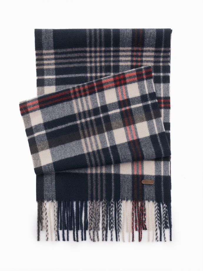 Men's Scottish check fringed scarf - navy blue and cream V3 OM-ACSF-0113