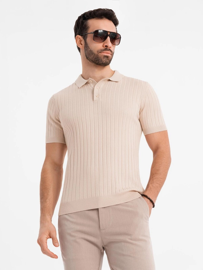 Men's SLIM FIT viscose vertical striped polo shirt - beige V2 OM-POSS-0143