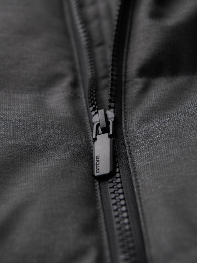 Men's long quilted jacket with hood - grey V2 OM-JALJ-0264