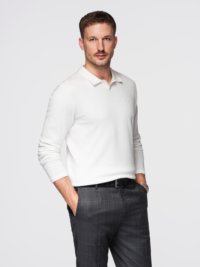 Men's polo sweater with embroidery on chest - white V2 OM-POLS-0140