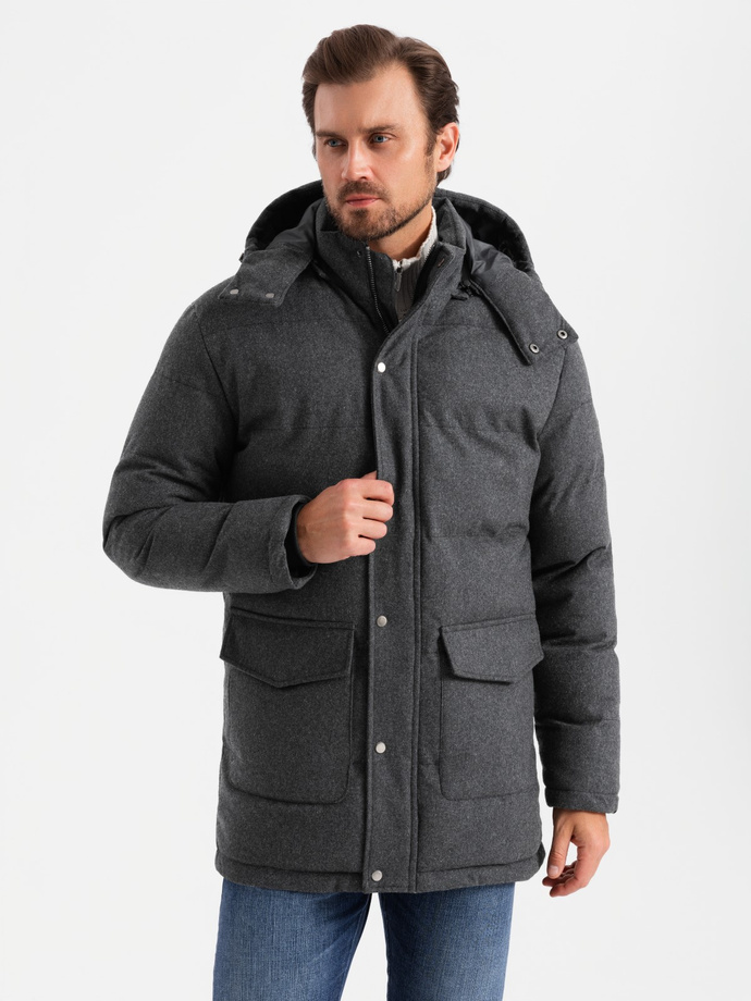 Men's long warm parka jacket with wool - black melange V2 OM-JALJ-0217