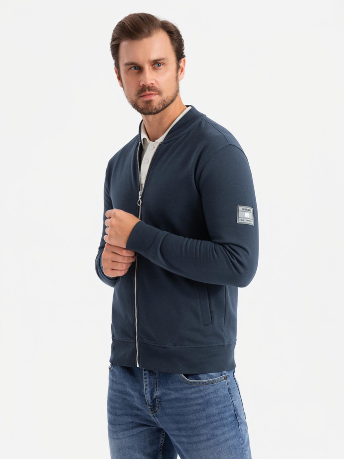 Rozpinana bawełniana bluza męska dresowa bomberka – granatowa V4 OM-SSZP-0215
