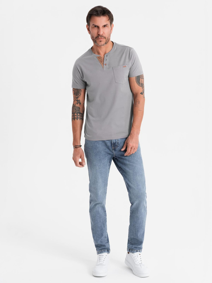 Men's t-shirt with button neckline and suede trim - grey V3 OM-TSCT-0206