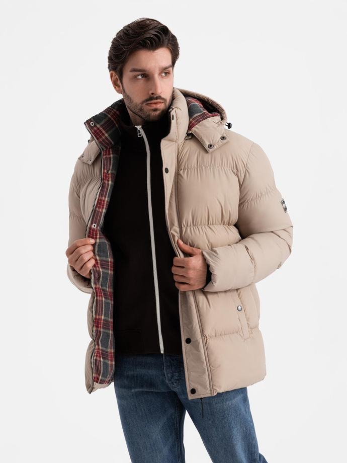 Men's puffer jacket with check lining - beige V2 OM-JAHP-0205