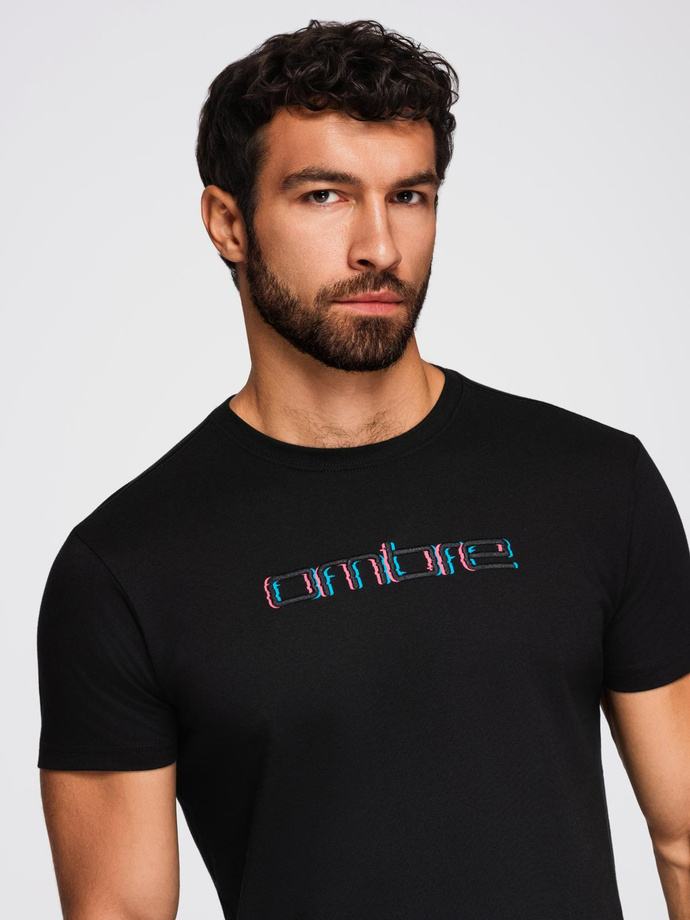 Men's t-shirt with embroidery on chest - black V1 OM-TSPT-0248