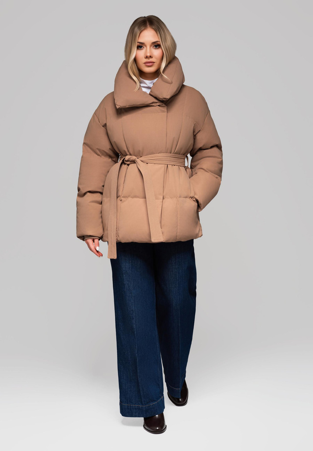 Women's quilted jacket with belt and collar OW-JAHP-0106 v3 - brown