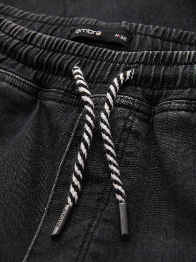 Men's denim jogger pants with drawstring waistband - black V4 OM-PADJ-0242
