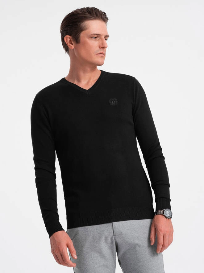 Elegancki sweter męski V-neck BASIC z wiskozą – czarny V1 OM-SWBS-0107