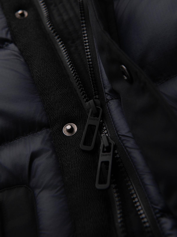 Men's long quilted jacket with large pockets - black V1 OM-JALJ-0308