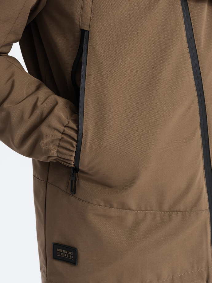 Kurtka męska przejściowa z kapturem - brązowa V2 OM-JANP-22FW-005