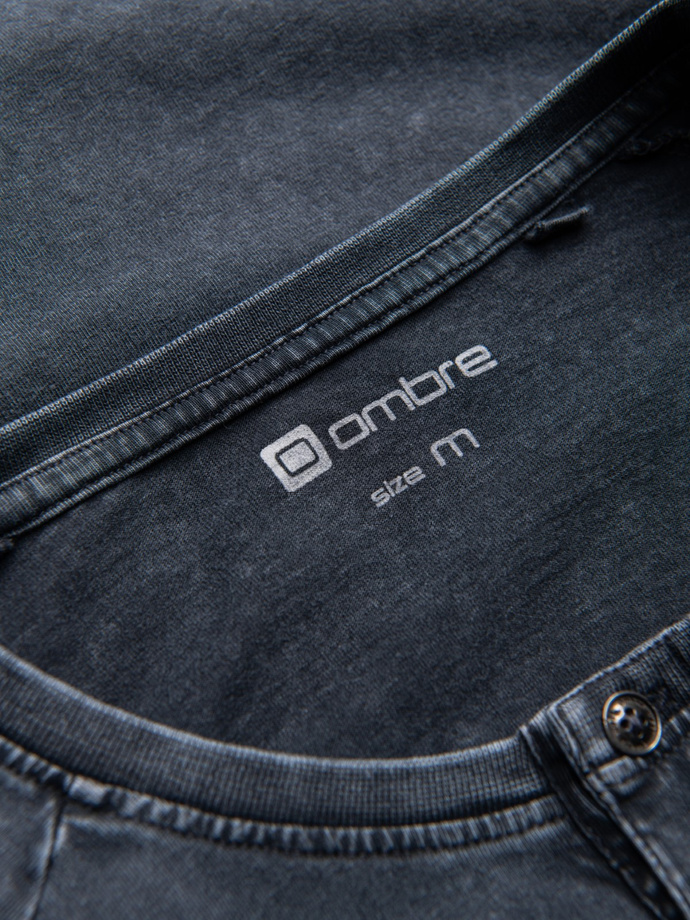 Longsleeve męski washowany henley z raglanowymi rękawami - ciemnogranatowy V2 OM-LSWL-22FW-001